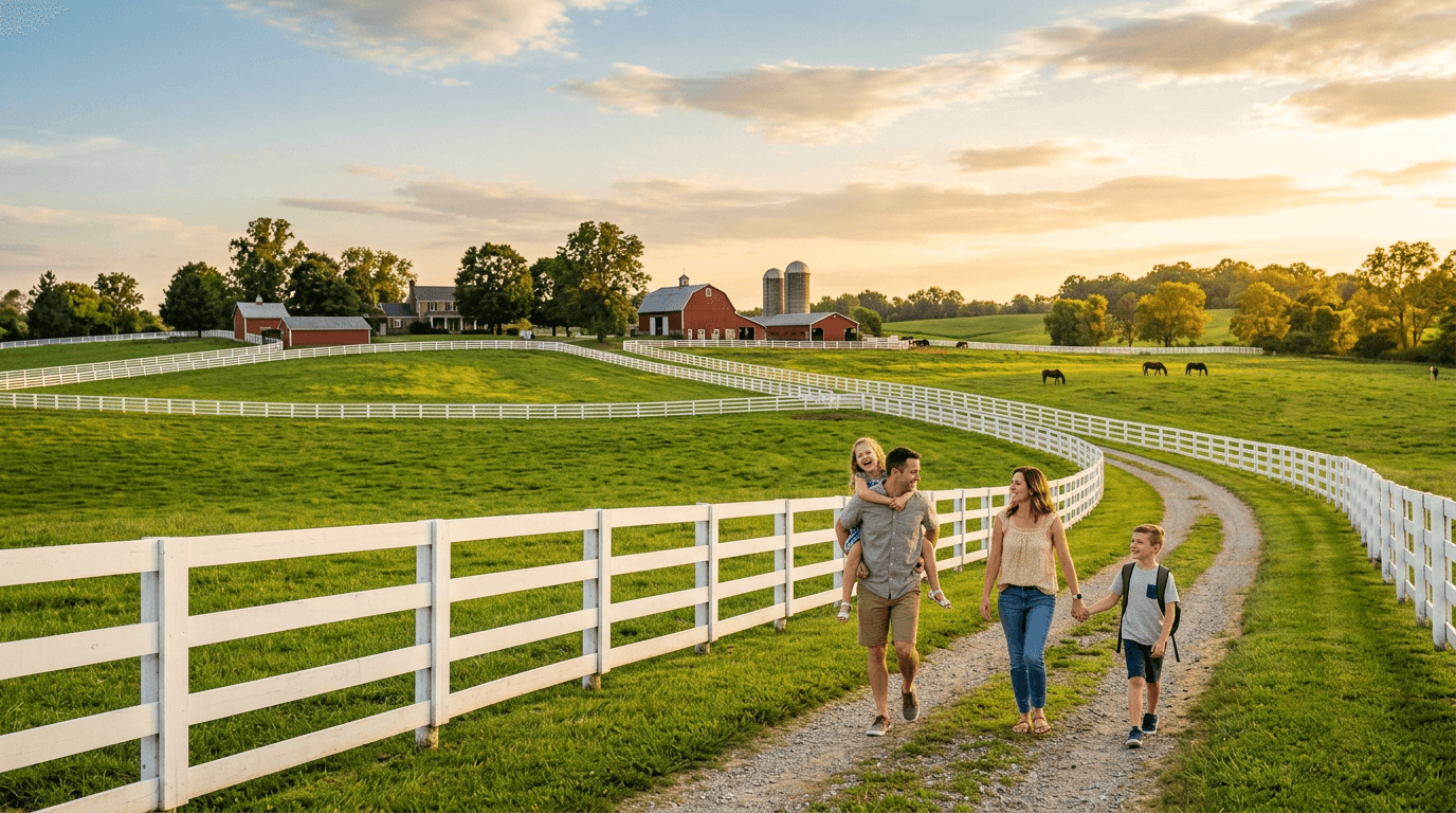 Family walking along white horse fences in Kentucky bluegrass - best area for family hotel stay in Lexington KY